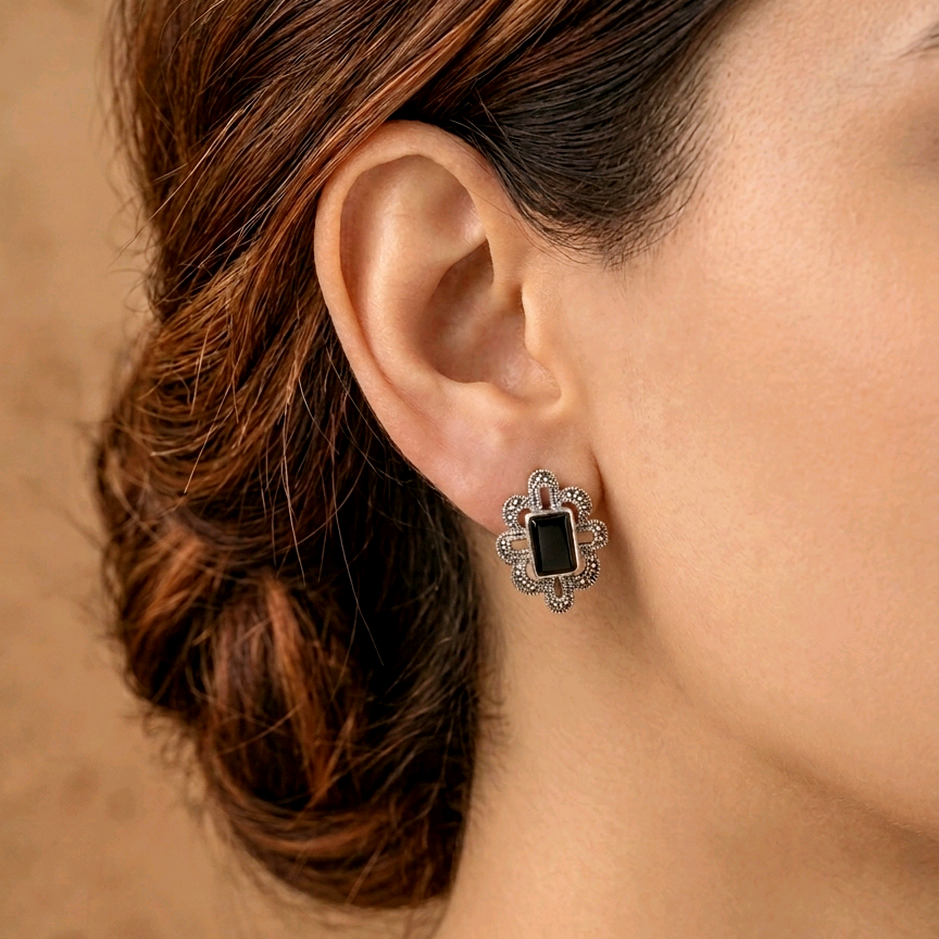 Black Onyx Marcasite Silver Earrings